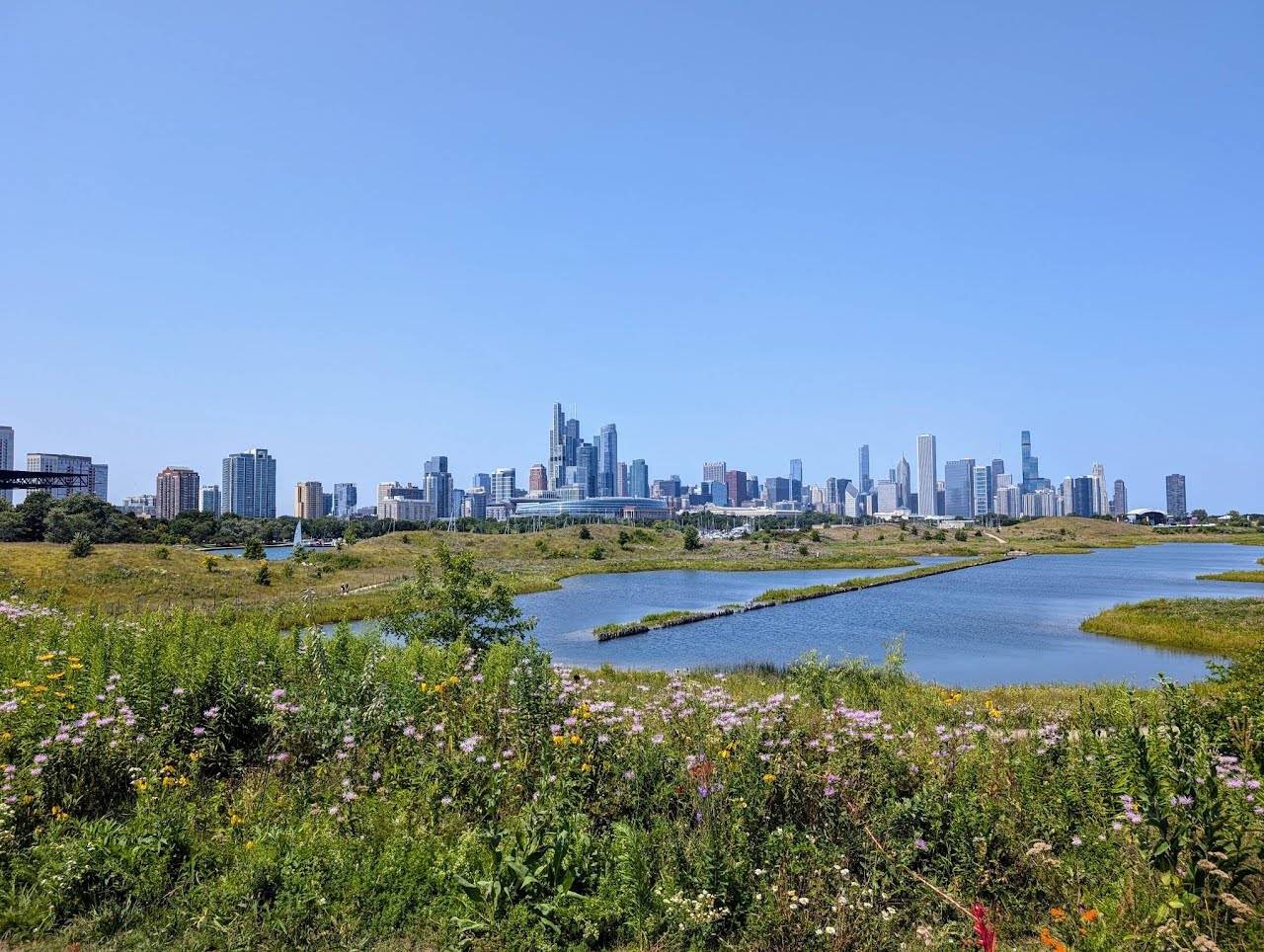 an image of northerly island, a green park overlooking the Chicago skyline